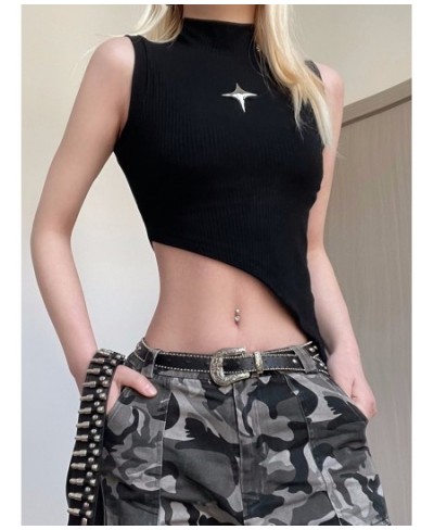 Dark Academia Rivet Patchwork Crop Tops Women Grunge Sleeveless Black Irregular Tank Top y2k Streetwear Punk Clothes $29.34 -...