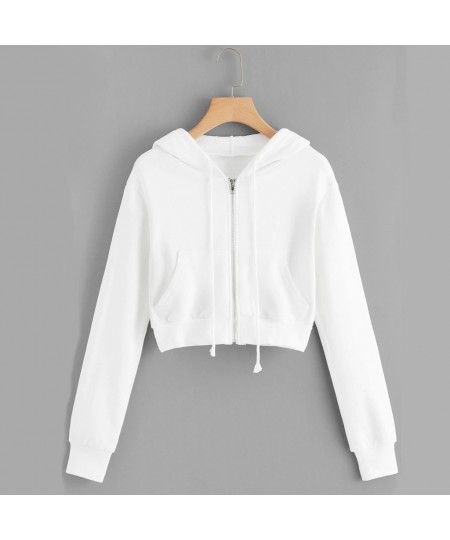 Women Spring Crop Tops Drawstring Hooded Long Sleeve Hoodie Sweatshirts Zip Up Casual Jacket Zipper Coat Outwear $31.11 - Hoo...