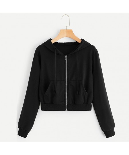 Women Spring Crop Tops Drawstring Hooded Long Sleeve Hoodie Sweatshirts Zip Up Casual Jacket Zipper Coat Outwear $31.11 - Hoo...