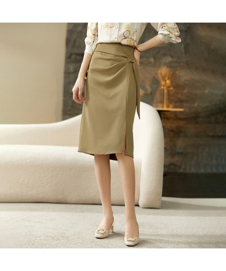 Straight Skirt Office Lady Elegant Split Knee-Length Skirt Harajuku High Waist Folds Belt Women Clothes Q23Q44583 $68.11 - Sk...