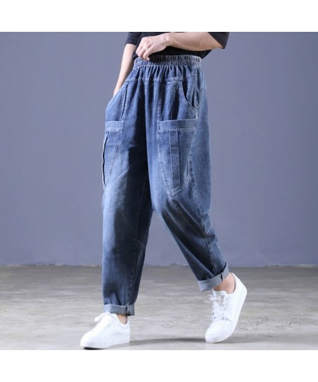 Women Casual Loose Long Pants Denim Bloomers Elastic Waist With Pockets Streetwear Vintage Baggy Jeans Harem Pants cargo pant...