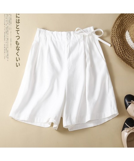 100% Cotton Shorts Japanese Women Wide Leg High Elastic Waist Bermuda Shorts Suit Casual Loose Side Lace-up Pleated $35.24 - ...