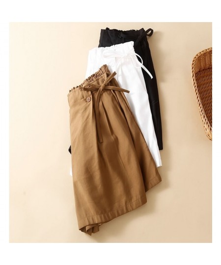 100% Cotton Shorts Japanese Women Wide Leg High Elastic Waist Bermuda Shorts Suit Casual Loose Side Lace-up Pleated $35.24 - ...