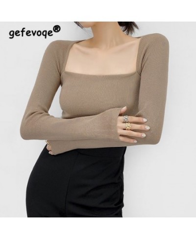 Korean Chic Long Sleeved Sexy Square Neck T-shirt Female Slim Fit Pullover Tops Knitting Bottoming Shirt Autumn Womens Clothi...