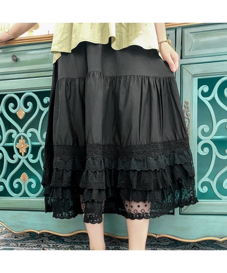 Mori Girl Cottagecore Style Summer Lace Skirt Woman ElasticWaist Loose Cotton Underskirt Lolita Petticoat Casual Midi Skirt $...