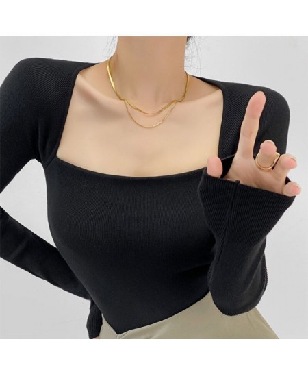 Korean Chic Long Sleeved Sexy Square Neck T-shirt Female Slim Fit Pullover Tops Knitting Bottoming Shirt Autumn Womens Clothi...