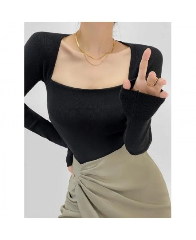 Korean Chic Long Sleeved Sexy Square Neck T-shirt Female Slim Fit Pullover Tops Knitting Bottoming Shirt Autumn Womens Clothi...