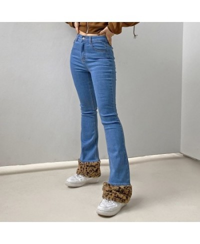 Casual Women's Flare Jeans Solid Blue Flag Zipper Fly High Waisted Jeans Leopard Patchwork Hem Pants Office Lady Autumn Winte...