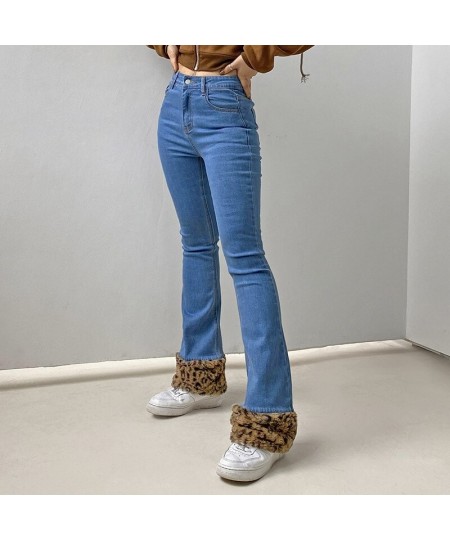 Casual Women's Flare Jeans Solid Blue Flag Zipper Fly High Waisted Jeans Leopard Patchwork Hem Pants Office Lady Autumn Winte...