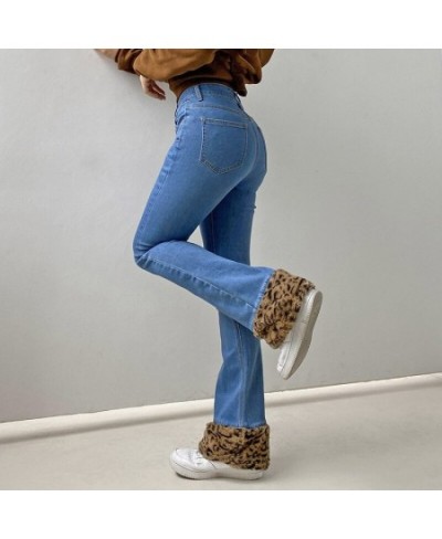 Casual Women's Flare Jeans Solid Blue Flag Zipper Fly High Waisted Jeans Leopard Patchwork Hem Pants Office Lady Autumn Winte...