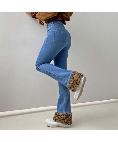 Casual Women's Flare Jeans Solid Blue Flag Zipper Fly High Waisted Jeans Leopard Patchwork Hem Pants Office Lady Autumn Winte...