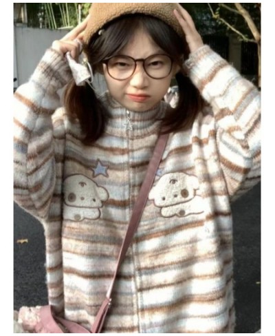 Y2k Aesthetic Japanese Knit Cardigan Kawaii Dog Embroidery Harajuku Cardigan Femme Striped Preppy Autumn Zipper Cardigany $64...