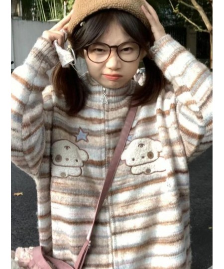 Y2k Aesthetic Japanese Knit Cardigan Kawaii Dog Embroidery Harajuku Cardigan Femme Striped Preppy Autumn Zipper Cardigany $64...