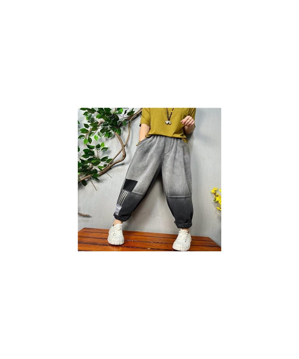 2022 Spring Autumn New Arts Style Women Elastic Waist Cotton Denim Harem Pants Vintage Grey Loose Ankle-length Jeans C398 $57...