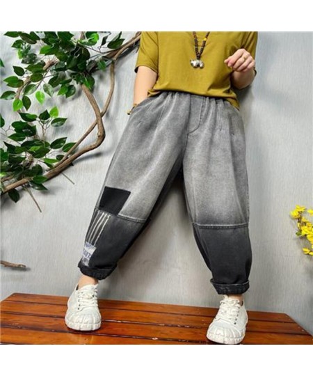 2022 Spring Autumn New Arts Style Women Elastic Waist Cotton Denim Harem Pants Vintage Grey Loose Ankle-length Jeans C398 $57...