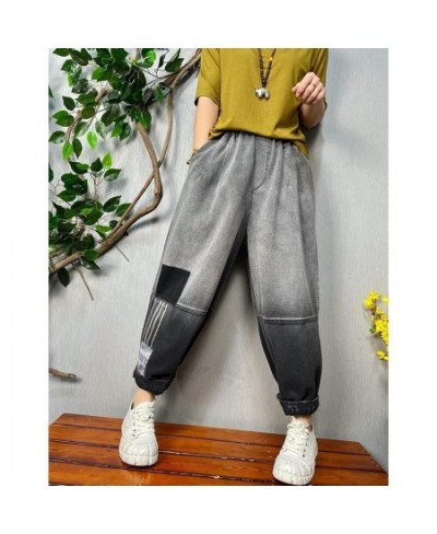 2022 Spring Autumn New Arts Style Women Elastic Waist Cotton Denim Harem Pants Vintage Grey Loose Ankle-length Jeans C398 $57...