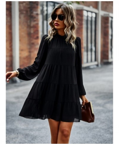 Frill Neck Puff Sleeve Mini Dress Women Tie Ribbon Back Sexy Robe Loose Fit Casual Holiday Chic Folds Tiered Shirt Dress $48....