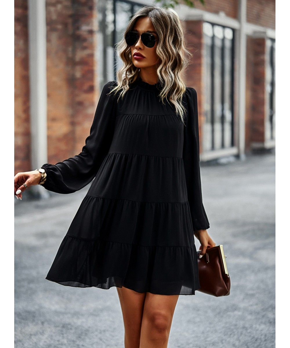 Frill Neck Puff Sleeve Mini Dress Women Tie Ribbon Back Sexy Robe Loose Fit Casual Holiday Chic Folds Tiered Shirt Dress $48....