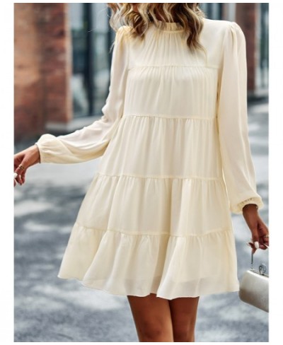 Frill Neck Puff Sleeve Mini Dress Women Tie Ribbon Back Sexy Robe Loose Fit Casual Holiday Chic Folds Tiered Shirt Dress $48....