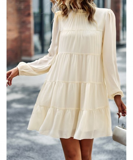 Frill Neck Puff Sleeve Mini Dress Women Tie Ribbon Back Sexy Robe Loose Fit Casual Holiday Chic Folds Tiered Shirt Dress $48....