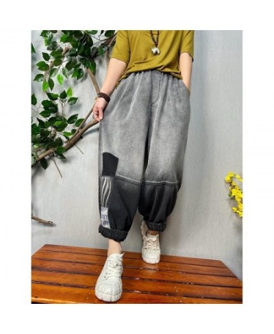 2022 Spring Autumn New Arts Style Women Elastic Waist Cotton Denim Harem Pants Vintage Grey Loose Ankle-length Jeans C398 $57...