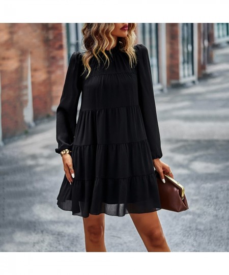 Frill Neck Puff Sleeve Mini Dress Women Tie Ribbon Back Sexy Robe Loose Fit Casual Holiday Chic Folds Tiered Shirt Dress $48....