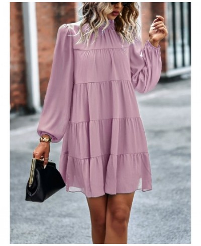 Frill Neck Puff Sleeve Mini Dress Women Tie Ribbon Back Sexy Robe Loose Fit Casual Holiday Chic Folds Tiered Shirt Dress $48....