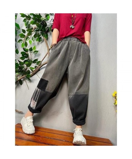 2022 Spring Autumn New Arts Style Women Elastic Waist Cotton Denim Harem Pants Vintage Grey Loose Ankle-length Jeans C398 $57...