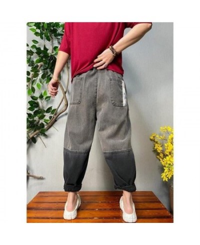 2022 Spring Autumn New Arts Style Women Elastic Waist Cotton Denim Harem Pants Vintage Grey Loose Ankle-length Jeans C398 $57...