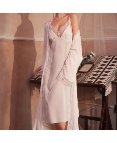 Satin Robe Set Sexy Women Sleepwear Casual Intimate Lingerie Faux Silk Nightdress Kimono Bathrobe Gown V-Neck Nightwear $48.7...