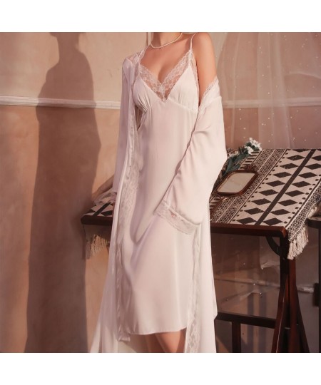 Satin Robe Set Sexy Women Sleepwear Casual Intimate Lingerie Faux Silk Nightdress Kimono Bathrobe Gown V-Neck Nightwear $48.7...