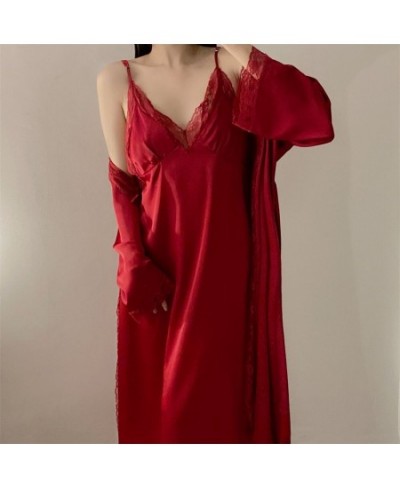 Satin Robe Set Sexy Women Sleepwear Casual Intimate Lingerie Faux Silk Nightdress Kimono Bathrobe Gown V-Neck Nightwear $48.7...