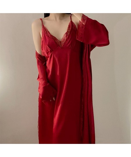 Satin Robe Set Sexy Women Sleepwear Casual Intimate Lingerie Faux Silk Nightdress Kimono Bathrobe Gown V-Neck Nightwear $48.7...