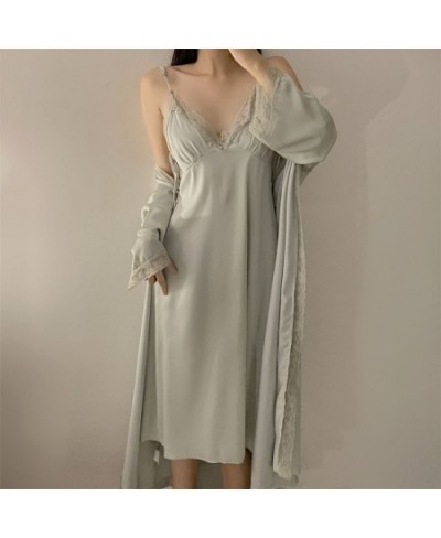 Satin Robe Set Sexy Women Sleepwear Casual Intimate Lingerie Faux Silk Nightdress Kimono Bathrobe Gown V-Neck Nightwear $48.7...