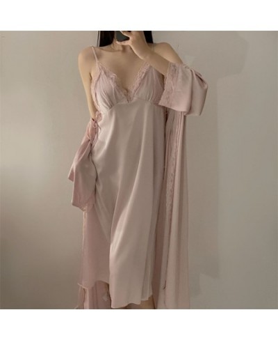 Satin Robe Set Sexy Women Sleepwear Casual Intimate Lingerie Faux Silk Nightdress Kimono Bathrobe Gown V-Neck Nightwear $48.7...