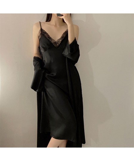 Satin Robe Set Sexy Women Sleepwear Casual Intimate Lingerie Faux Silk Nightdress Kimono Bathrobe Gown V-Neck Nightwear $48.7...