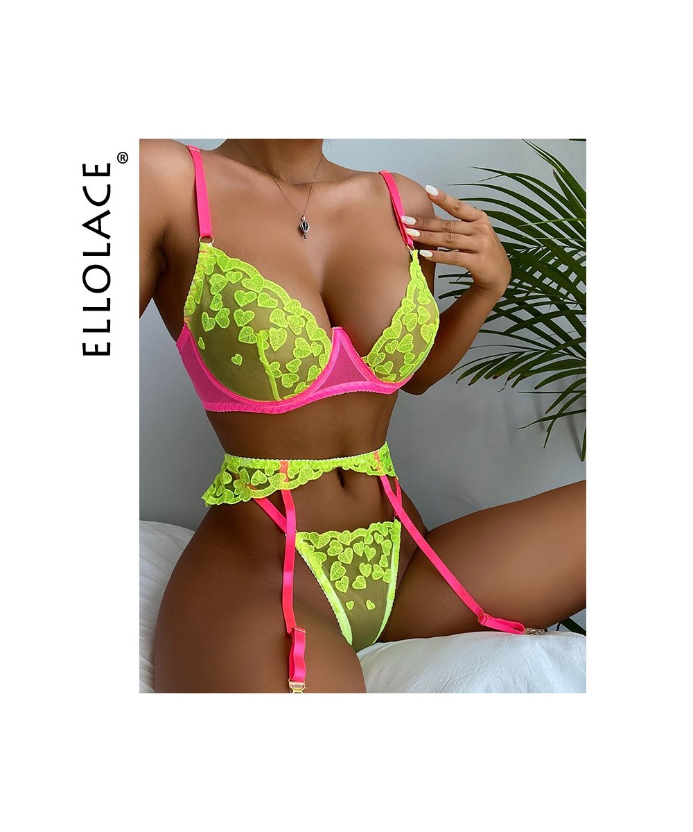 Neon Lace Lingerie Sexy Underwear Heart-Shaped Embroidery Erotic Set Sensual Patchwork 3-Piece Garters Breves Sets $29.24 - U...