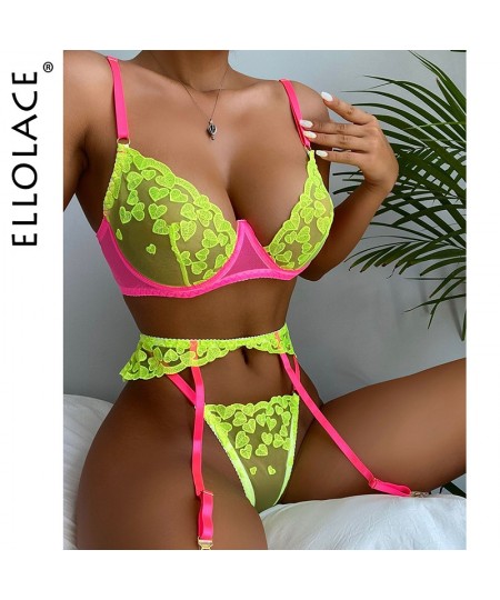 Neon Lace Lingerie Sexy Underwear Heart-Shaped Embroidery Erotic Set Sensual Patchwork 3-Piece Garters Breves Sets $29.24 - U...