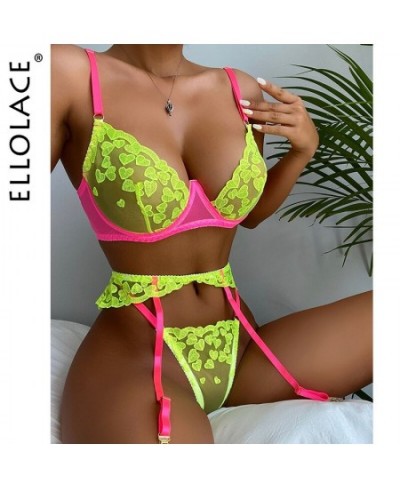 Neon Lace Lingerie Sexy Underwear Heart-Shaped Embroidery Erotic Set Sensual Patchwork 3-Piece Garters Breves Sets $29.24 - U...