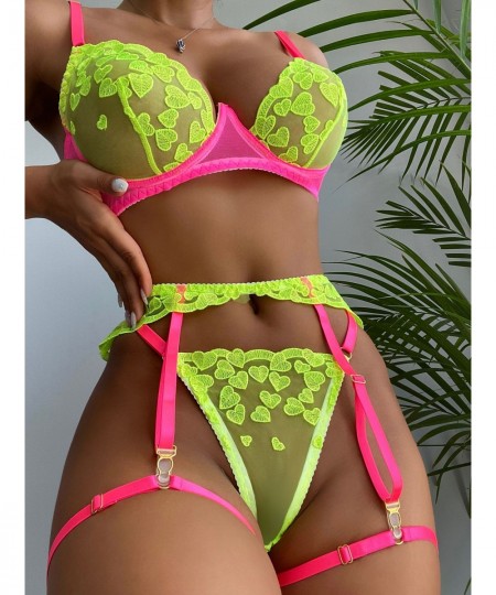 Neon Lace Lingerie Sexy Underwear Heart-Shaped Embroidery Erotic Set Sensual Patchwork 3-Piece Garters Breves Sets $29.24 - U...