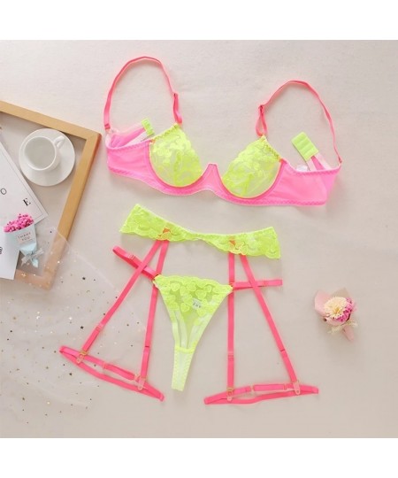 Neon Lace Lingerie Sexy Underwear Heart-Shaped Embroidery Erotic Set Sensual Patchwork 3-Piece Garters Breves Sets $29.24 - U...