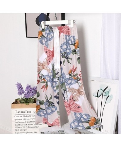 Women Loose Wide Leg Pants Summer Print Drawstring Female Sleep Bottoms Cotton Print Home Pants Large Size Soft Pyjamas $26.6...