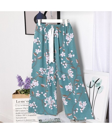 Women Loose Wide Leg Pants Summer Print Drawstring Female Sleep Bottoms Cotton Print Home Pants Large Size Soft Pyjamas $26.6...