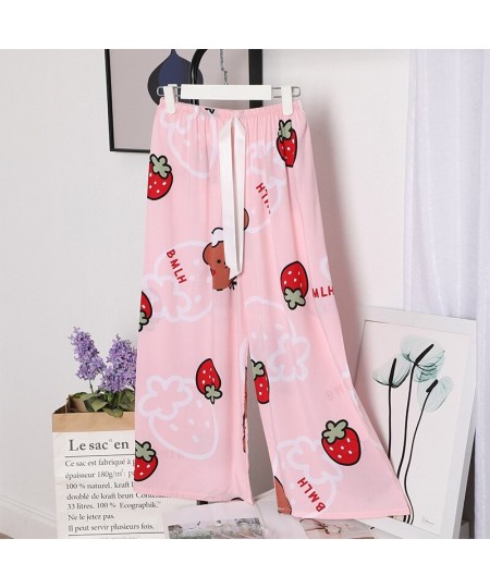 Women Loose Wide Leg Pants Summer Print Drawstring Female Sleep Bottoms Cotton Print Home Pants Large Size Soft Pyjamas $26.6...