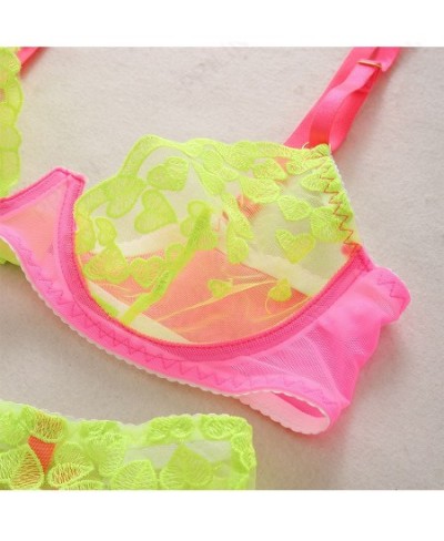 Neon Lace Lingerie Sexy Underwear Heart-Shaped Embroidery Erotic Set Sensual Patchwork 3-Piece Garters Breves Sets $29.24 - U...