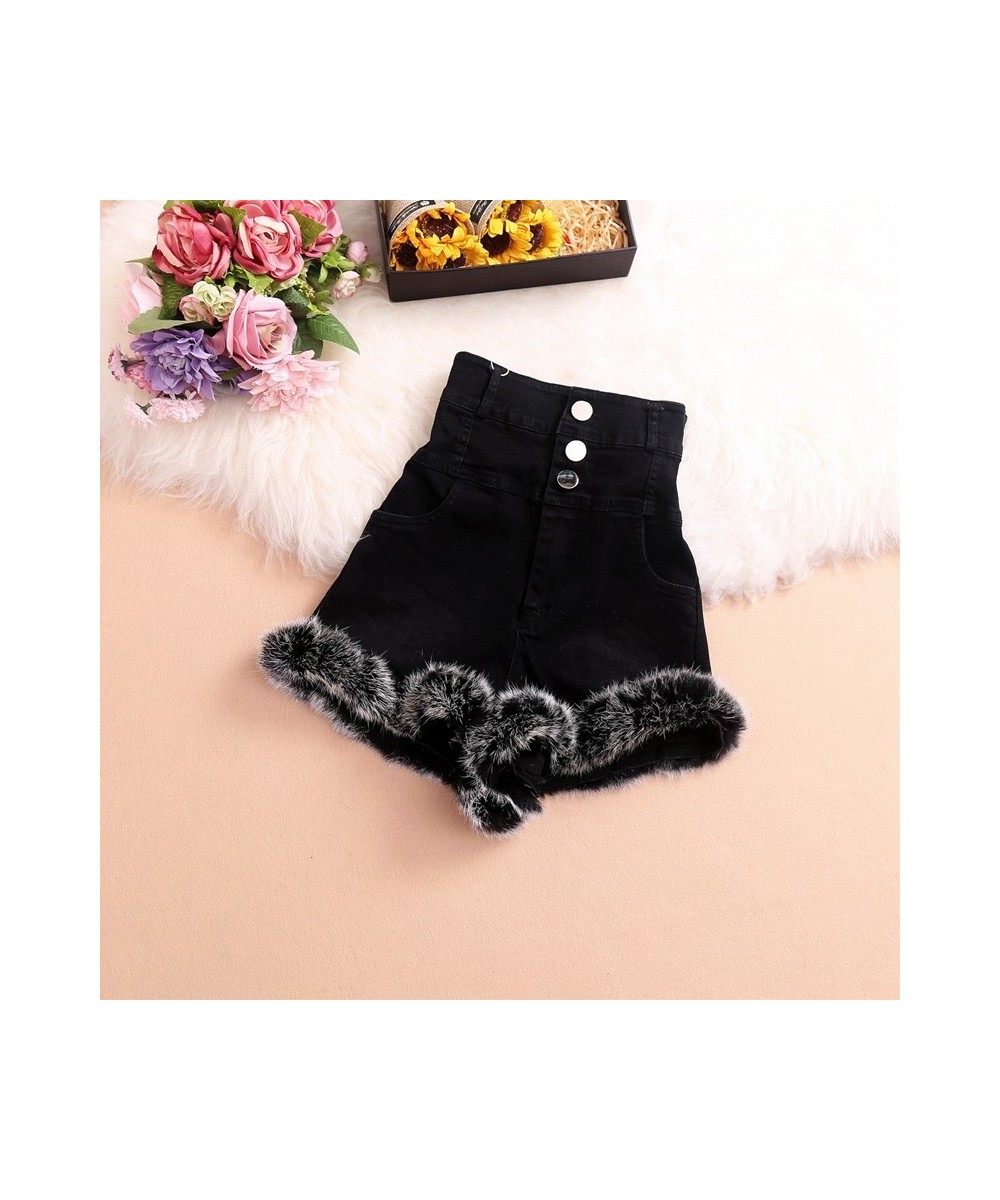 2022 Winter High Waist Furry Denim Shorts Women's Clothing Rabbit Fur Comfortable Slim All-Matching Sideband Furry Shorts $51...