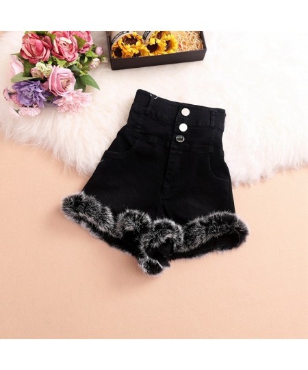 2022 Winter High Waist Furry Denim Shorts Women's Clothing Rabbit Fur Comfortable Slim All-Matching Sideband Furry Shorts $51...