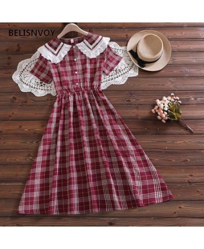 Japanese Mori Girl Retro A-line Plaid Dress New Summer Sailor Collar With Lace Ruffles Preppy Style Dress Elegant Lady Vestid...