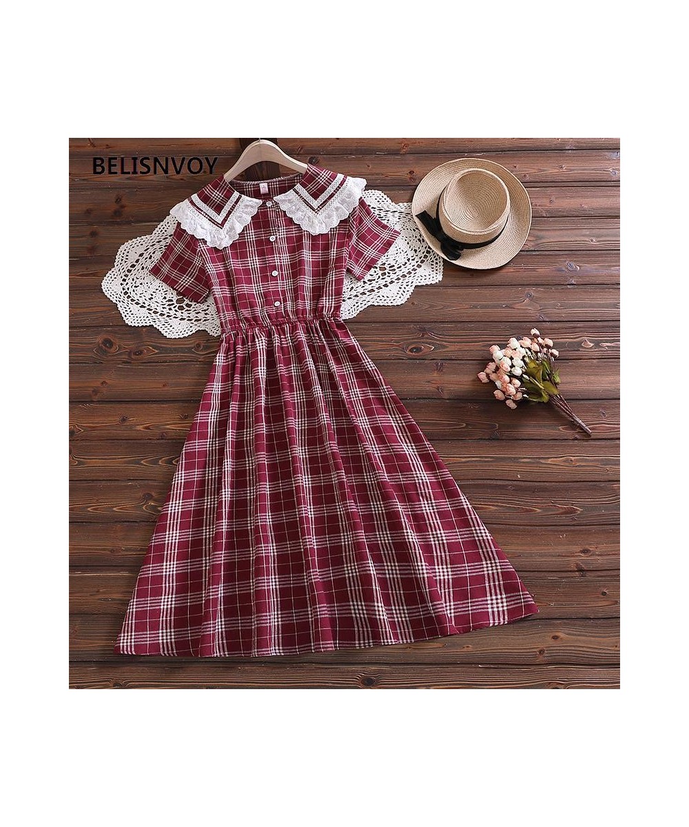 Japanese Mori Girl Retro A-line Plaid Dress New Summer Sailor Collar With Lace Ruffles Preppy Style Dress Elegant Lady Vestid...