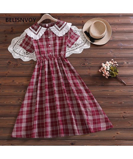 Japanese Mori Girl Retro A-line Plaid Dress New Summer Sailor Collar With Lace Ruffles Preppy Style Dress Elegant Lady Vestid...